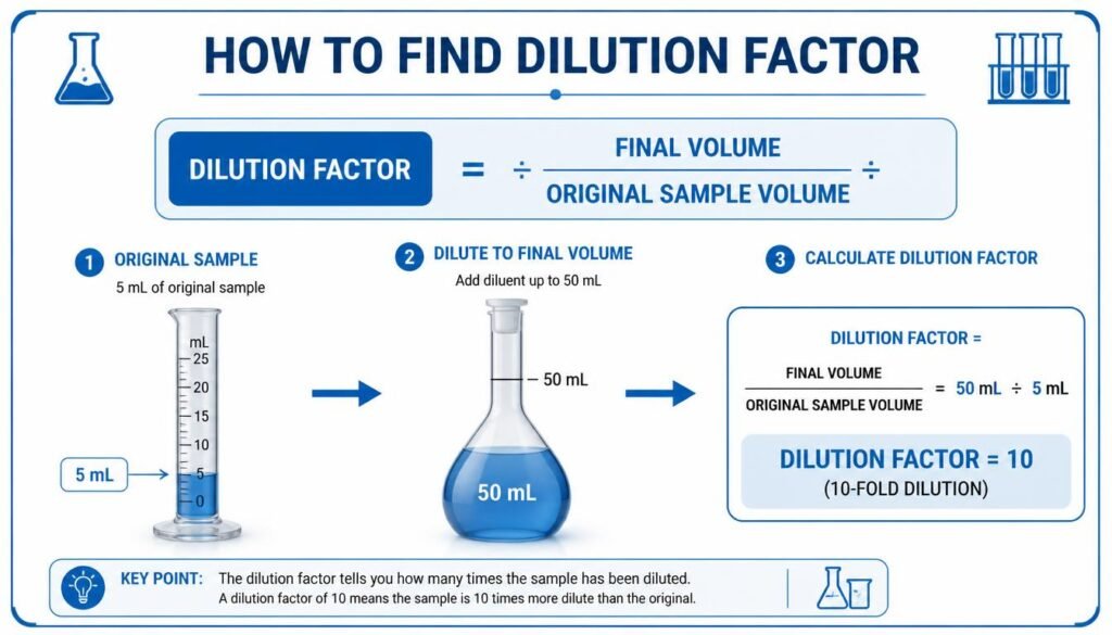 Step-by-step illustration showing how to calculate a 10-fold dilution factor