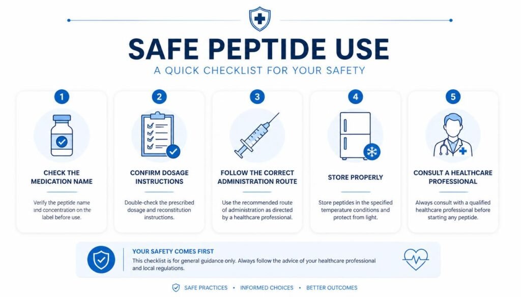 Safe peptide use checklist for dosage, administration, storage, and medical guidance