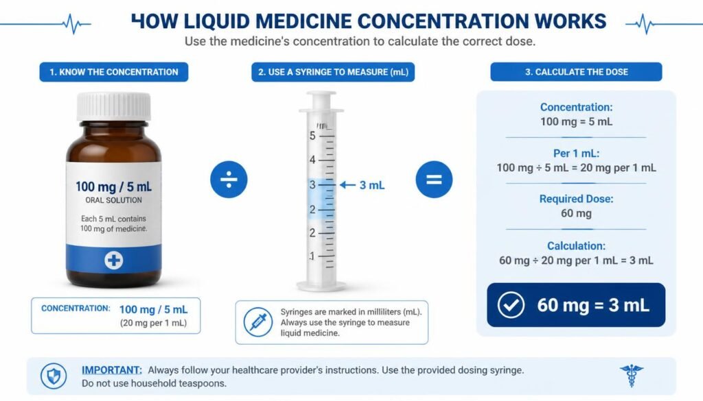 How to convert mg to mL for liquid medicine using concentration