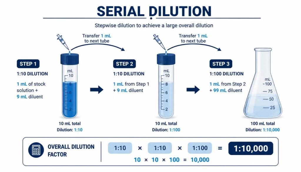 Serial dilution diagram showing how to calculate overall dilution factor