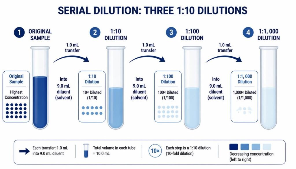 Serial dilution diagram showing 1 to 10, 1 to 100, and 1 to 1000 dilution factors