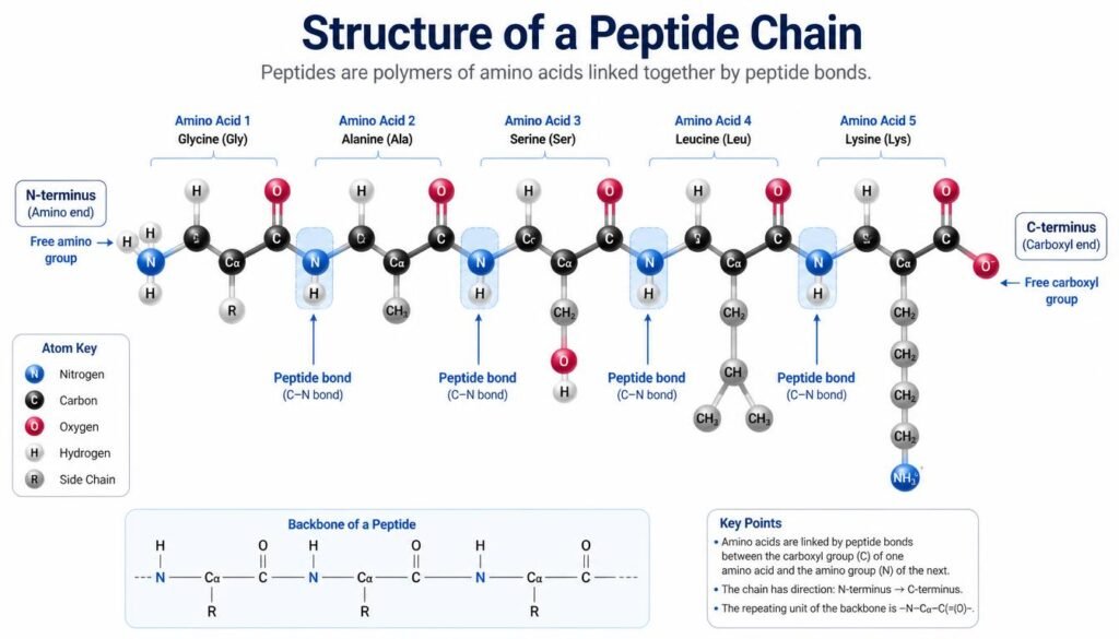Peptide structure showing amino acids connected by peptide bonds