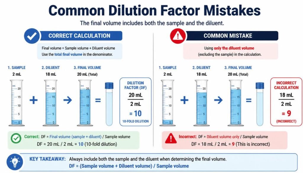 Common dilution factor mistake showing why final volume includes sample and diluent
