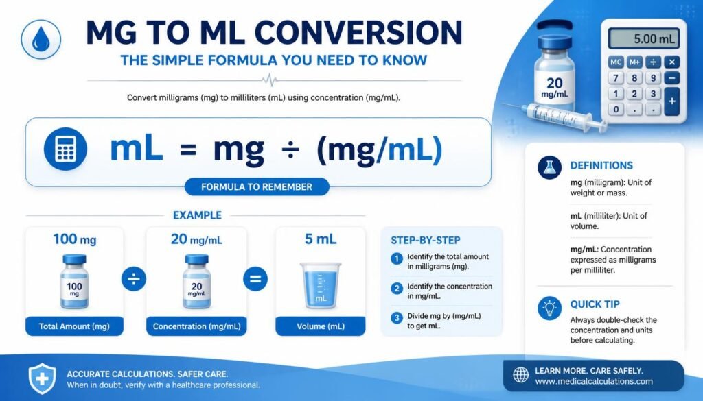 Milligrams to milliliters conversion formula with a simple example