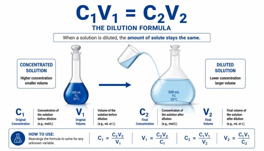 C1V1 equals C2V2 dilution formula showing original and final concentration and volume