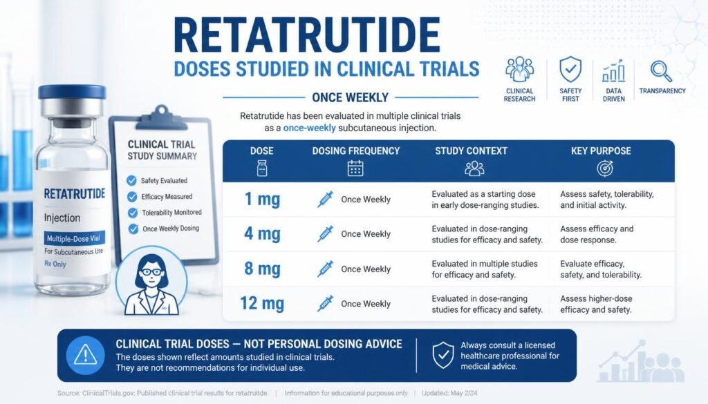Retatrutide clinical trial doses infographic showing 1 mg 4 mg 8 mg and 12 mg