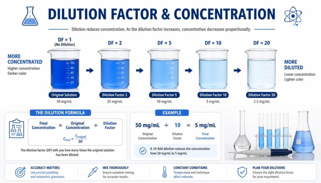 Dilution factor and concentration relationship showing how dilution reduces solution concentration