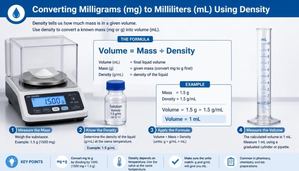 How to convert milligrams to milliliters using density