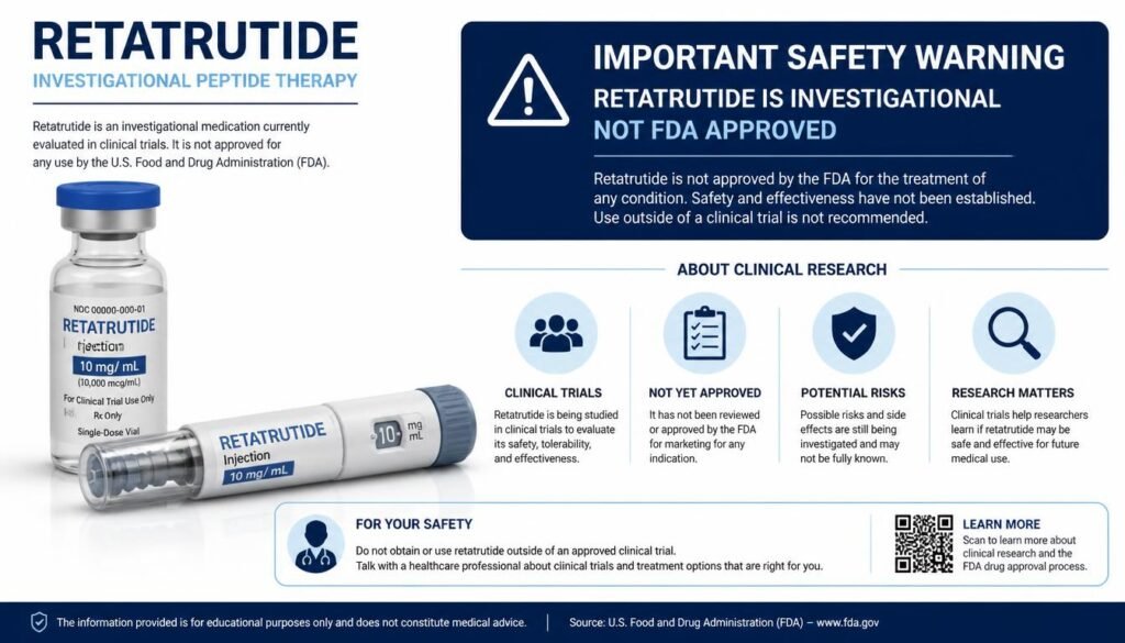 Retatrutide safety information and FDA approval status infographic