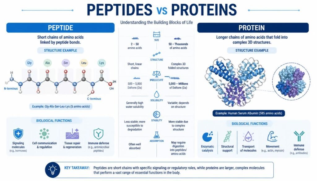 Peptides vs proteins comparison showing differences in amino acid chains, structure and function