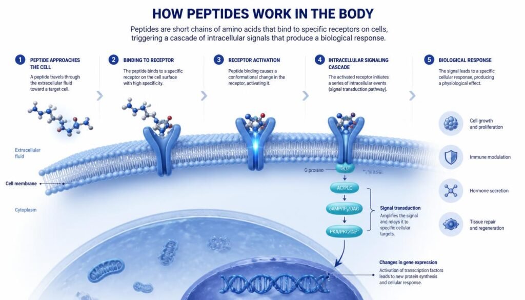 How peptides work in the body through cell receptors and biological signaling
