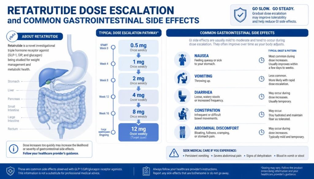 Retatrutide dose escalation and common gastrointestinal side effects infographic