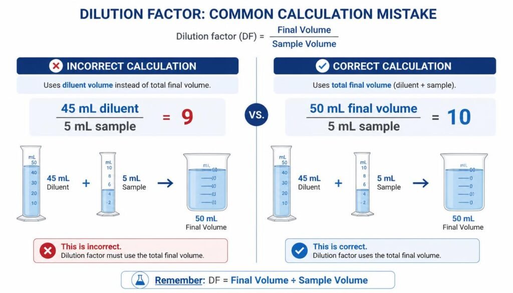 Common dilution factor mistake showing why final total volume must be used in the calculation