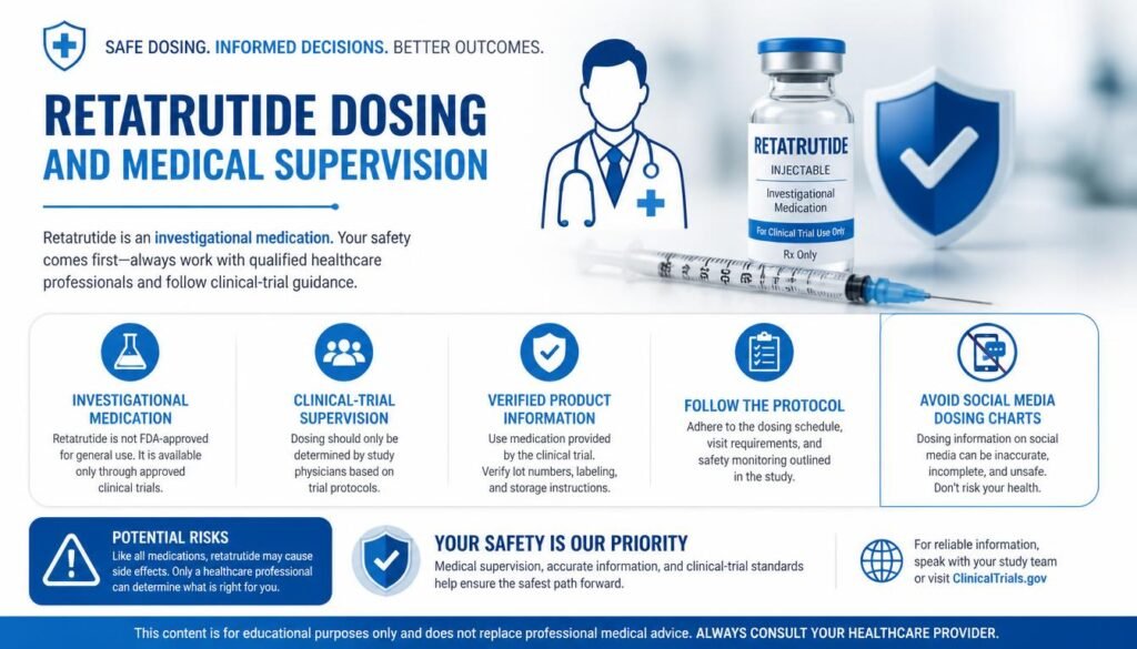 Retatrutide dosing safety precautions and medical supervision infographic