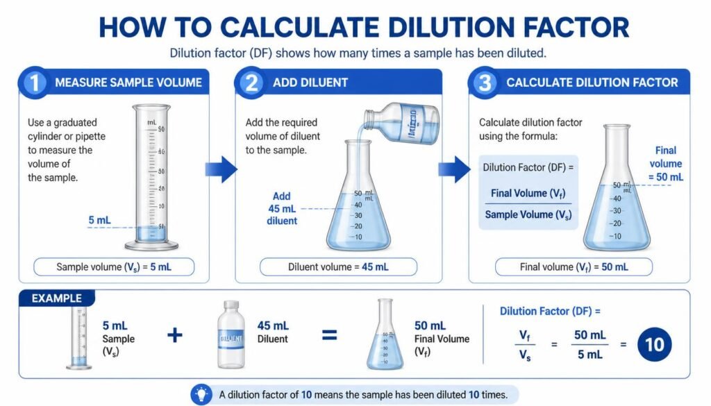 Step-by-step example showing how to calculate dilution factor using sample and diluent volumes