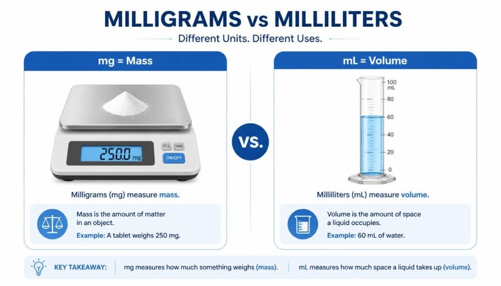 Difference between milligrams and milliliters explained with mg and mL
