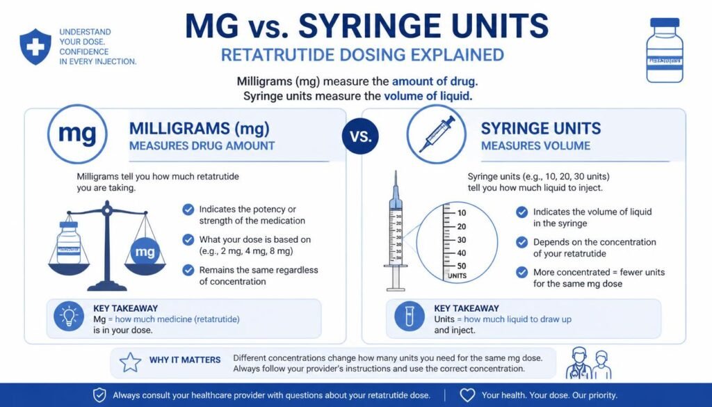 Difference between mg and syringe units for retatrutide dosing